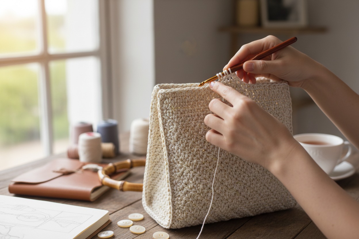 Una persona lavora all'uncinetto su una borsa di corda beige poggiata su un tavolo di legno.